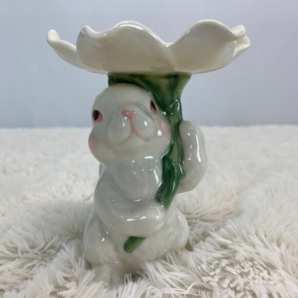 Vintage Porcelain Ceramic White Rabbit Flower Candle Holder Kitsch Cute - Picture 3 of 7